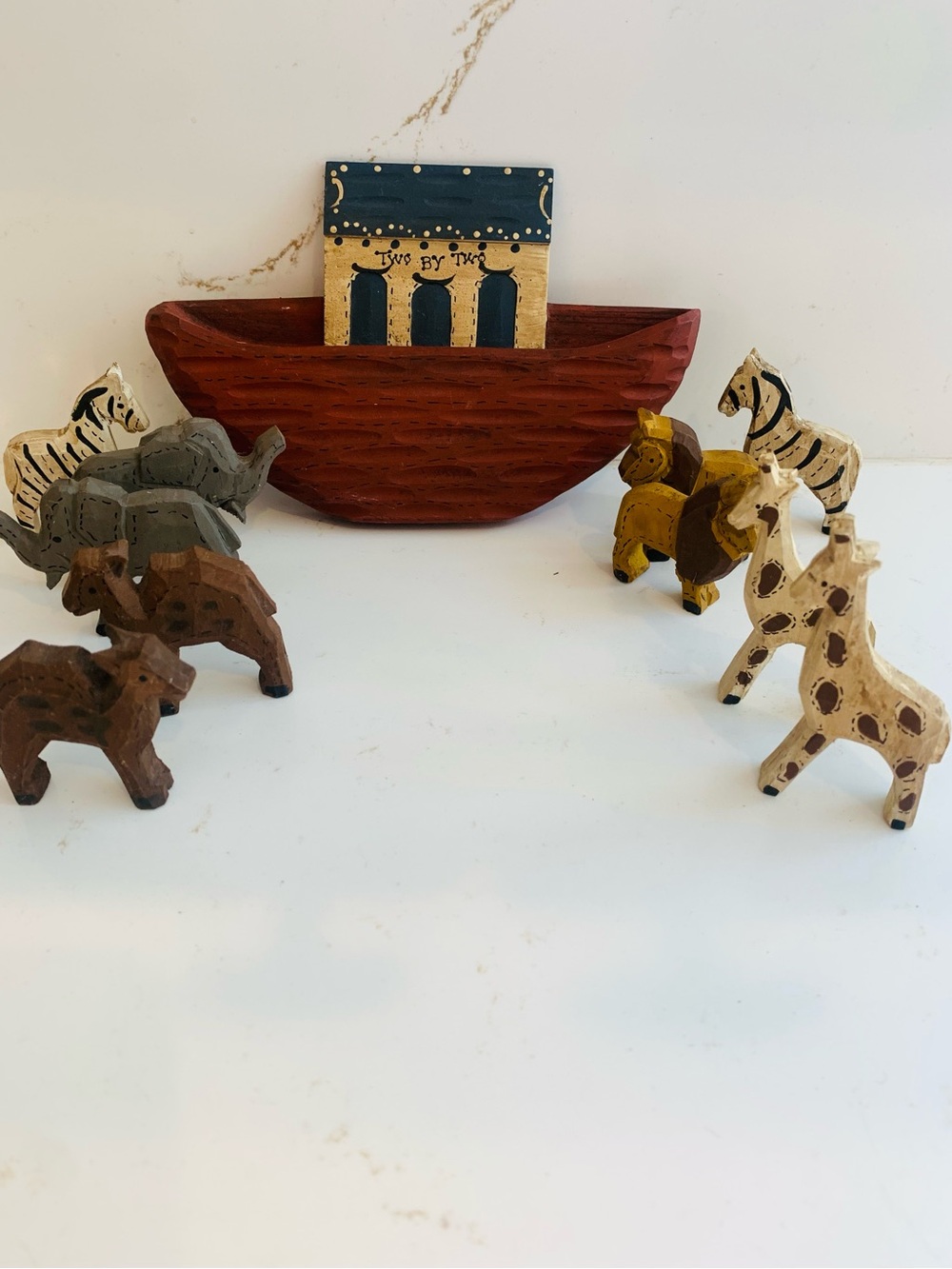 Mini Nosh’s Ark Handcrafted Wooden Animals / Boat Giraffe, Zebra, Camel, Lion